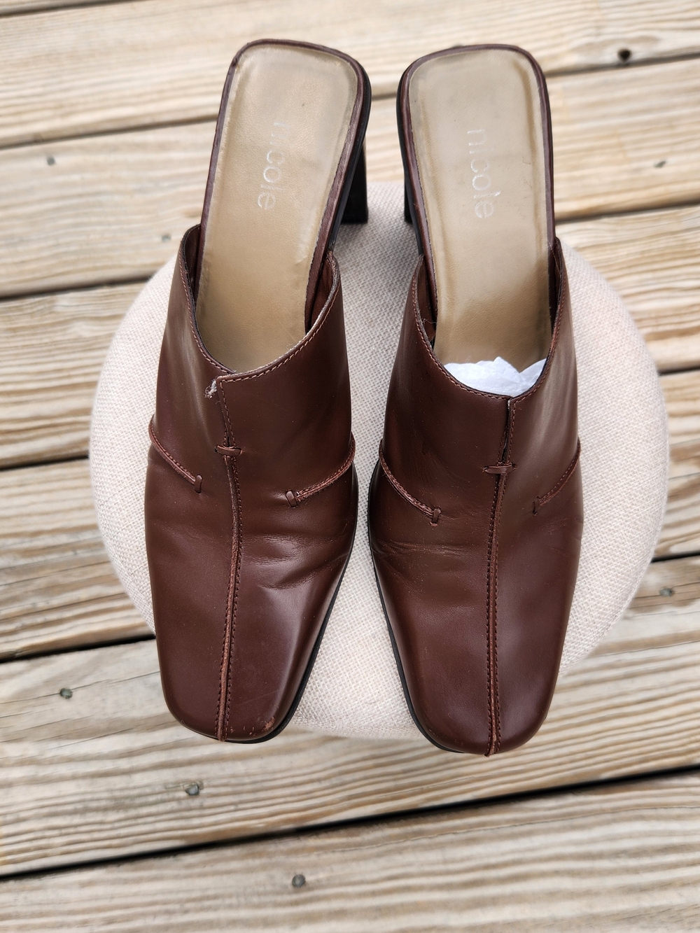 Nicole Brown Leather Block Heel Mules